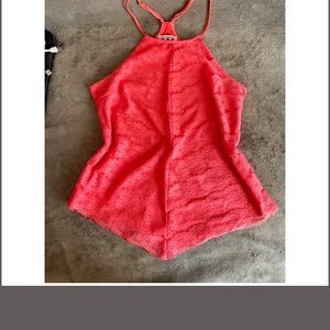Lace overlay coral tank top